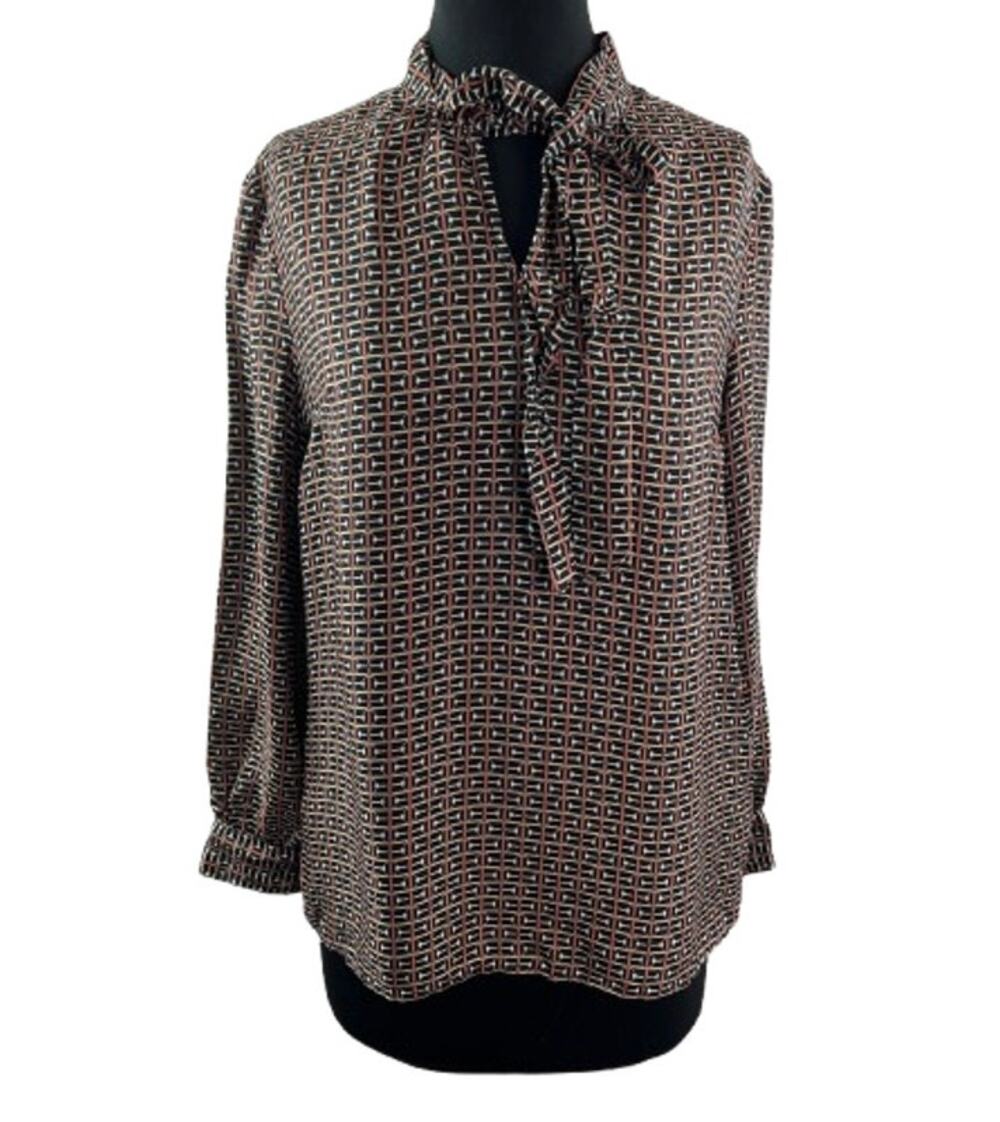 J. McLaughlin Virginia Blouse Silk Horse Bit Sereno Alley Tie-Neck Medium M NEW